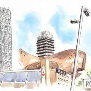 Vila Olímpica | Barcelona painting. Illustration, sketch, watercolor. Original painting.