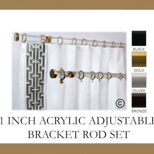 Acrylic Lucite 1 Inch Round Drapery Rod Set - With Custom Cut Curtain Rod, Adjustable Brackets, Rings, and End Caps - Free Shipping