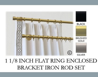 Iron 1 1/8 Inch Round Drapery Rod Set- Includes Curtain Rod, Enclosed Brackets, Flat Rings, and End Caps - Free Shipping