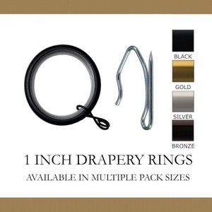 For 1 Inch Diameter Rod - Drapery Rings with Eyelet and Plastic Insert - Available in Gold, Silver, Bronze, and Black Finish