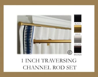 Traversing Channel Track 1 Inch Round Drapery Rod Set- Includes Curtain Rod, Channel Brackets, Glides, End Caps- Free Shipping