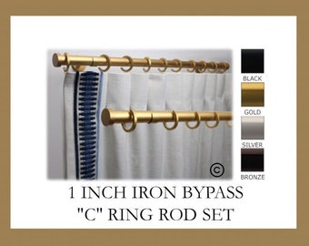 Iron 1 Inch Round Drapery Rod Set - Includes Curtain Rod, Bypass Brackets, Bypass Rings, and End Caps - Free  Shipping