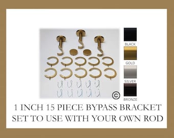 1 Inch Diameter -Bypass/Carryover Curtain Hardware 15 Piece Set - Use With Clear Acrylic or Iron Rod- Gold, Silver, Black, or Bronze Finish