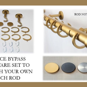 1 Inch Diameter -Bypass/Carryover Curtain Hardware 15 Piece Set - Use With Clear Acrylic or Iron Rod- Gold, Silver, Black, or Bronze Finish