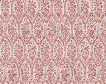 May include: A repeating pattern of pink floral designs on a white background. The pattern features a series of stylized floral motifs, including leaves, stems, and flowers, arranged in a symmetrical and intricate design.