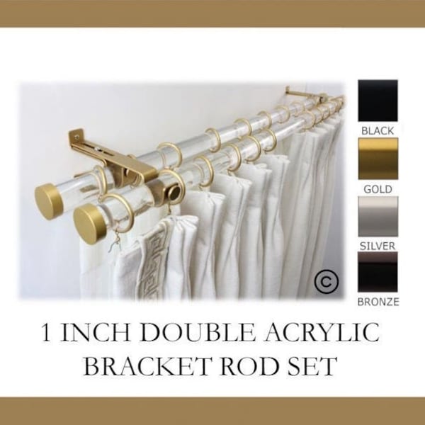 Acrylic Lucite 1 Inch Round Drapery Rod Set - Includes Curtain rods, Double Adjustable Brackets, Rings, and End Caps - Free Shipping