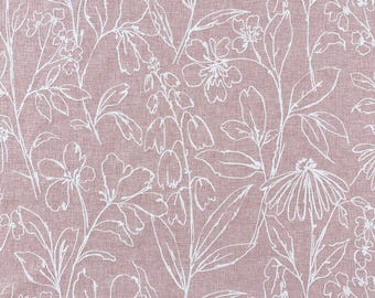 May include: A dusty rose fabric featuring a white line-art botanical pattern. The design consists of various hand-drawn style flowers, stems, and leaves scattered across the surface, creating a continuous floral print on a textured textile.