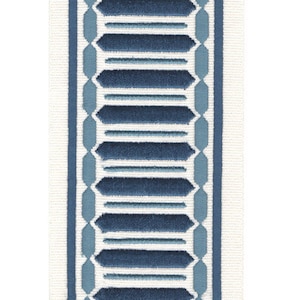 May include: A white fabric trim with a blue and light blue geometric pattern. The pattern features a series of vertical lines and diamonds.