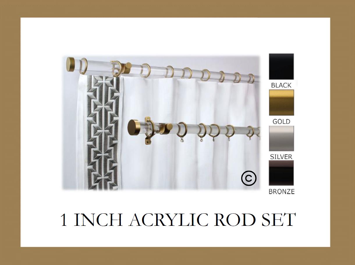 Acrylic Lucite 1 Inch Round Drapery Rod Set - With Custom Cut Curtain Rod, Adjustable Projection Brackets, Rings, and EndCaps -Free Shipping