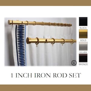 Iron 1 Inch Round Drapery Rod Set - With Custom Cut Curtain Rod, Adjustable Projection Brackets, Rings, and End Caps -Free Shipping