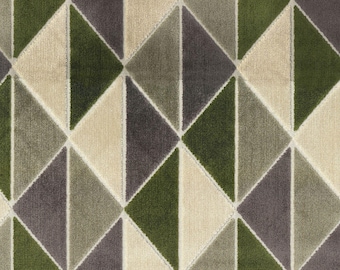 May include: A geometric pattern fabric with a repeating design of triangles in shades of green, gray, and beige.