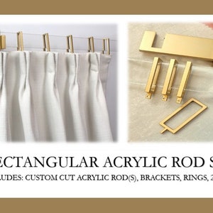 Acrylic Lucite Rectangular Curtain Rod Set- Gold - Includes Drapery Curtain Rod, Brackets, Rings, and End Caps - Free Shipping