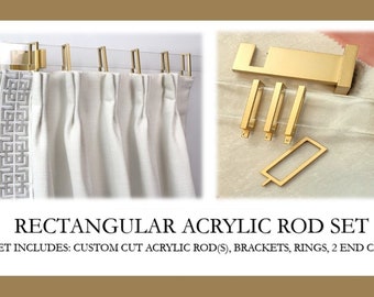 Acrylic Lucite Rectangular Curtain Rod Set- Gold - Includes Drapery Curtain Rod, Brackets, Rings, and End Caps - Free Shipping