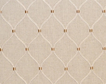 May include: A light beige fabric featuring a repeating diamond lattice pattern. The grid is formed by white embroidered rope-like lines that intersect at small, solid gold-colored metallic squares, creating a structured geometric design.