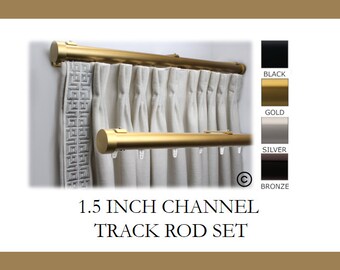 Traversing Channel Track 1.5 Inch Round Drapery Rod Set -Includes Curtain Rod, Channel Brackets, Glides, and End Caps-Free  Shipping