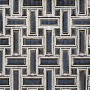 May include: A white fabric with a repeating pattern of blue and brown rectangles. The pattern is geometric and creates a modern and stylish look.