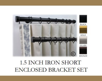 Iron 1.5" Round Drapery Rod Set- Includes Curtain Rod, Short Fully Enclosed/Ceiling Mount Brackets, Rings, End Caps -Free Shipping