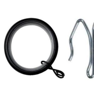May include: A black circular curtain ring with a small attached wire loop and a separate silver-colored metal curtain hook. The curtain ring has a smooth, matte finish, while the hook features a pointed end and a curved design for attachment.