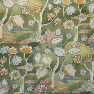 May include: A green fabric with a floral pattern. The pattern features stylized flowers, leaves, and branches in shades of orange, yellow, blue, and pink.