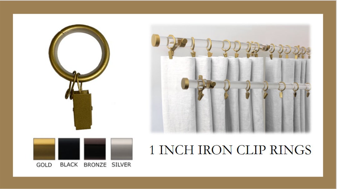 For 1 Inch Diameter Rod Drapery Rings With Clip, Eyelet, and Plastic Insert  Available in Gold, Silver, Bronze and Black Finish 