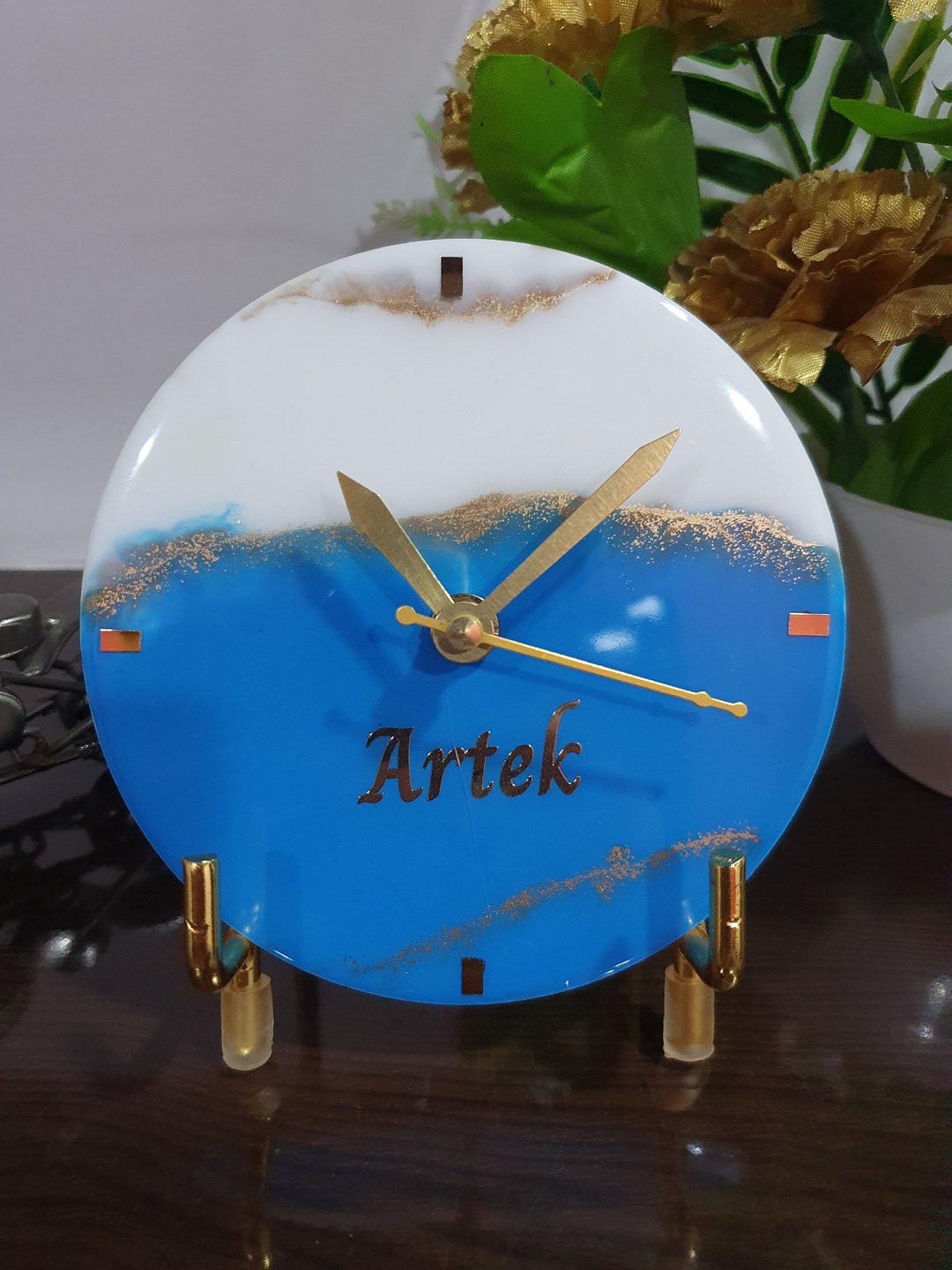 Handmade Epoxy Resin Unique Clock With Metal Stand, Desk Clock, Office