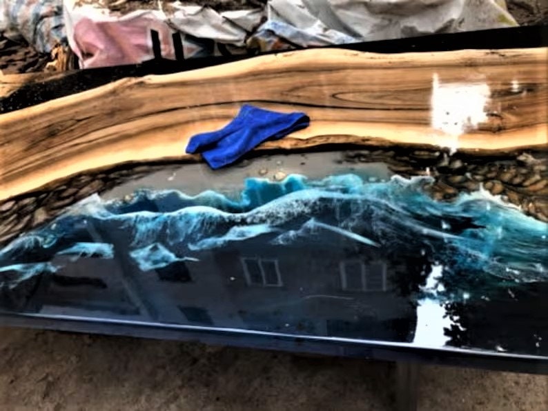 Benutzerdefinierte Epoxy Tisch Walnussholz Tiefsee Meer und Wellen Esstisch, Küche, Kaffee, Bürotisch Handmade Custom Order Epoxy Resin Tische Bild 5