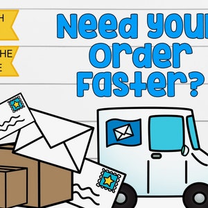 May include: Illustration of a white delivery truck with a blue flag and a stack of packages and envelopes. The text "Need your order faster?" is written in blue letters. Two yellow banners with the text "Rush Fee" and "Skip the Line" are at the top of the image.