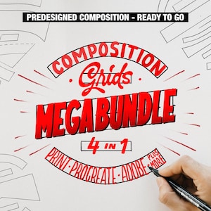 May include: Red and black graphic design with the text "Composition Grids Mega Bundle 4 in 1 Print-Procreate-Adobe Plus More".