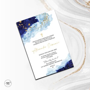 May include: A blue and gold watercolor baptism invitation with a cross and the text "Proud parents Chris & Rita Pennisi would like to invite you to celebrate the baptism of their son Alexander Dominic Sunday 9th January 2022 St Peter Chanel Church Futuna Street, Woolwich at 11:30am Followed by lunch at Ecco Ristorante 2 St Georges Crescent, Drummoyne RSVP to BY"