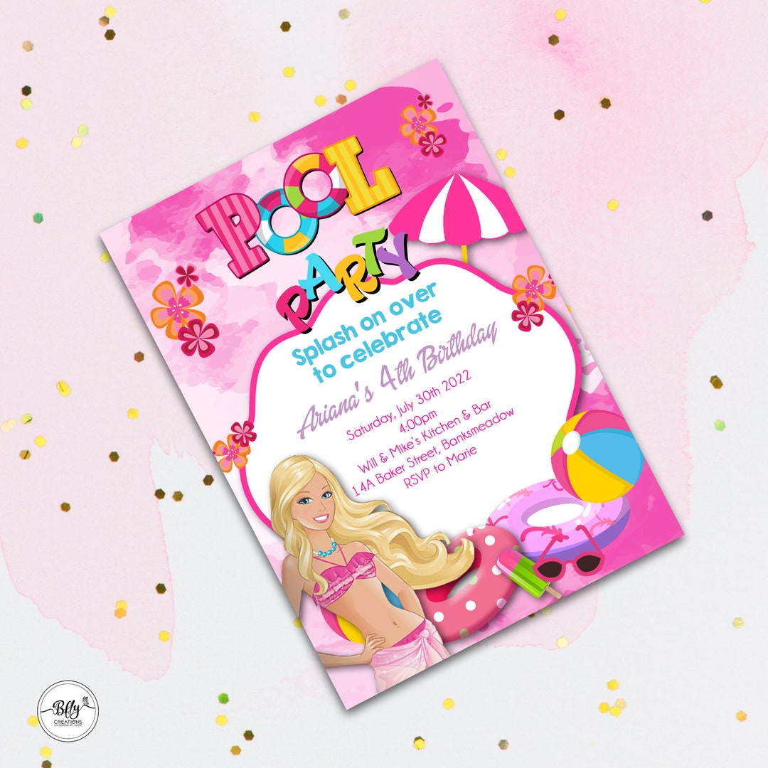 Pink Doll Pool Party Invitation, Editable Digital Download