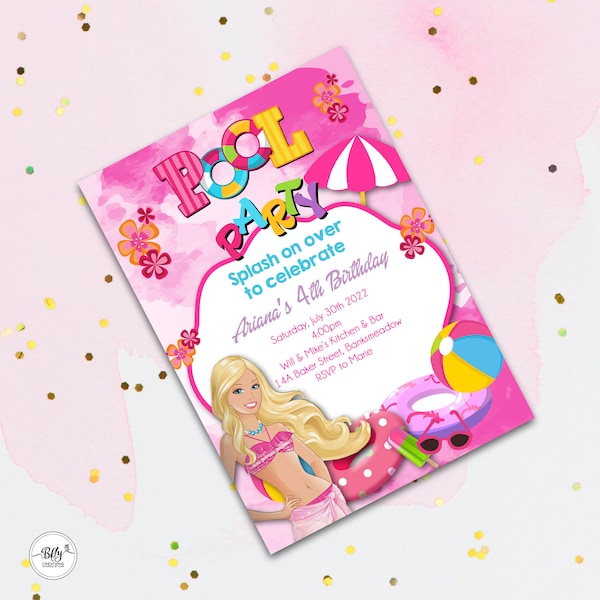 Editable Digital Download Invitation - Pink B. Doll Pool Party Invitation, Fashion Doll Party Invitation, Edit, Download and Print Yourself