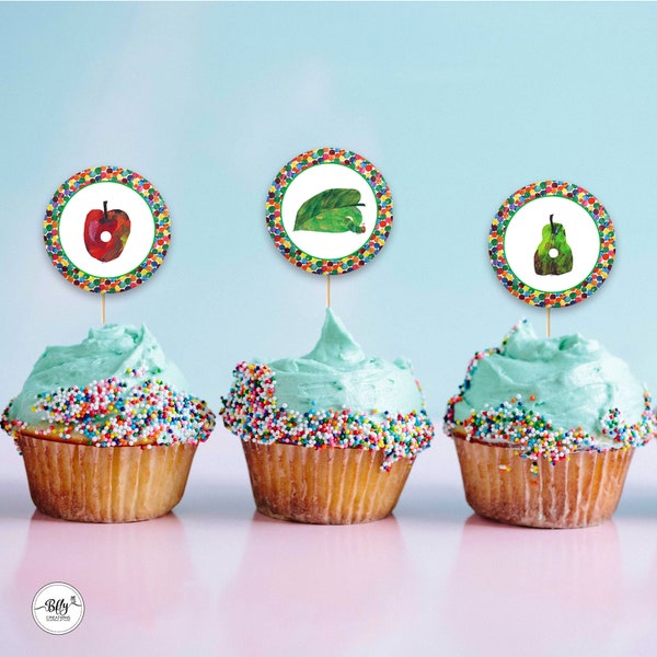 Instant Digital Download File - Hungry Little Caterpillar Birthday cupcake topper / round stickers, printable, print yourself