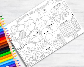 Kids Squish themed Activity Printable Placemat, Birthday Coloring Placemat, Birthday Activity Sheets, Digital Download, Personalized