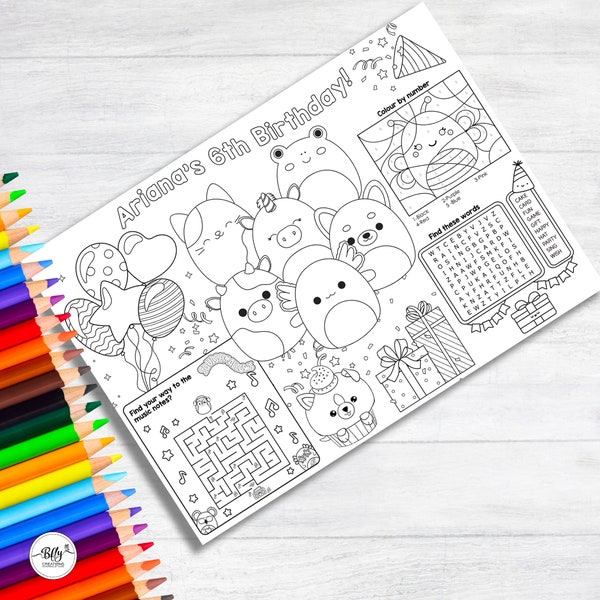 Kids Squish themed Activity Printable Placemat, Birthday Coloring Placemat, Birthday Activity Sheets, Digital Download, Personalized