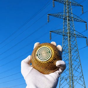 Könnte beinhalten: Ein kugelförmiges Objekt mit einer texturierten, goldfarbenen Oberfläche, das ein zentrales kreisförmiges Emblem mit konzentrischen Ringen und Linien aufweist. Das Objekt wird vor einem klaren blauen Himmel mit einem Strommast gehalten.