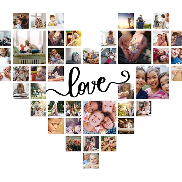 Family Photo Collage Frame Grid Template | Heart collage | Printable | Online Editable