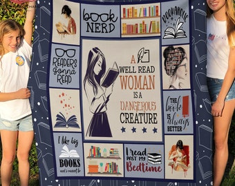 Book A Well Read Woman Is Dangerous Creature Fleece Blanket, Premium Sherpa Blanket, Reading Lover Gift, Book Blanket, Woman Blanket