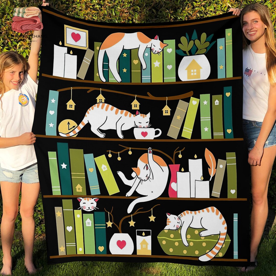 The Cats on the Bookshelf Cats and Book Fleece Blanket, Premium Sherpa