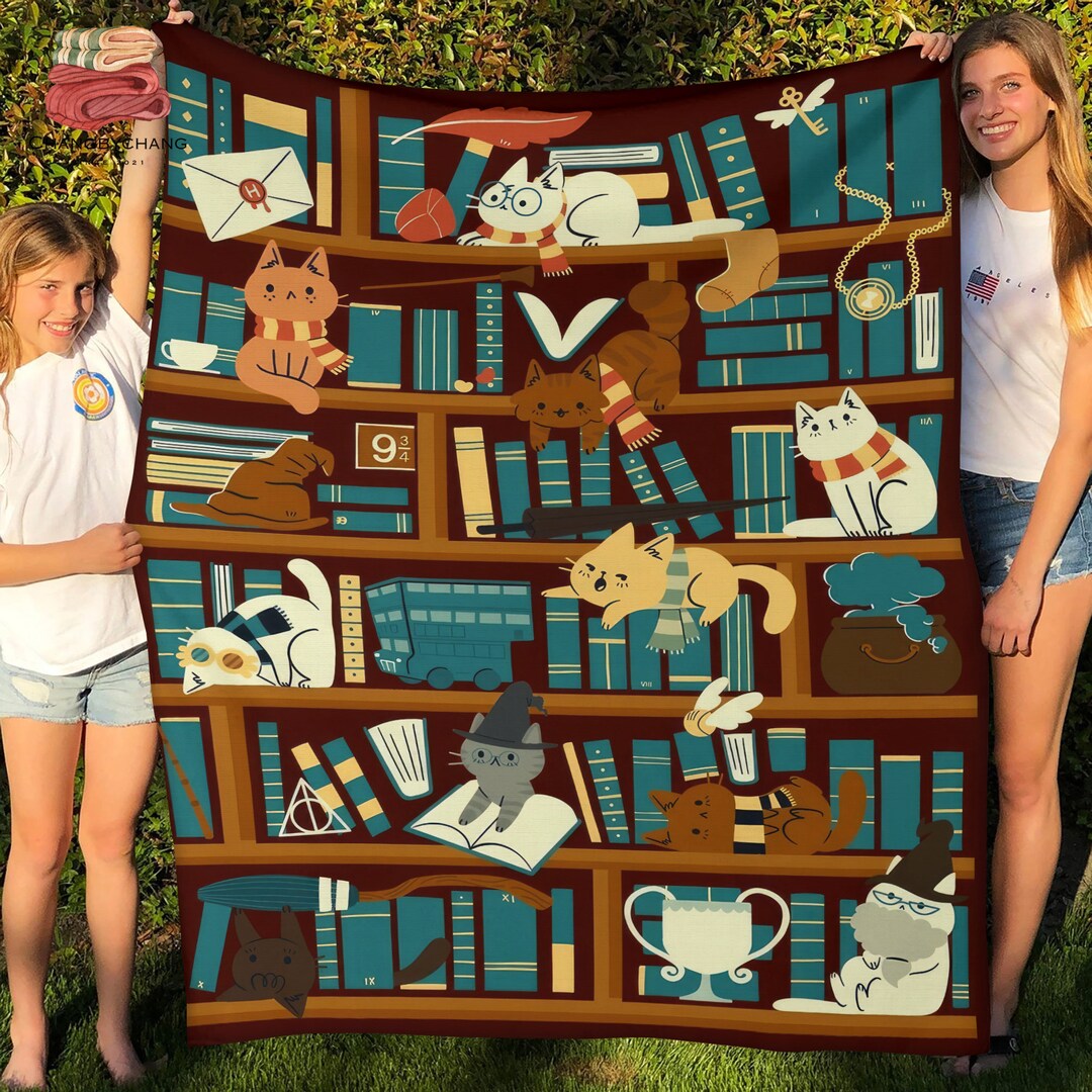 Library Magic School Cats and Book Gift Fleece Blanket, Premium Sherpa