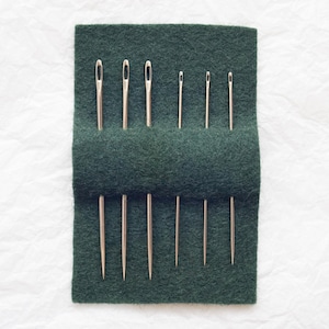 Può includere: Un set di aghi da cucito di varie dimensioni, esposto su un porta-aghi in feltro verde scuro. Gli aghi sono color argento e disposti verticalmente. Il porta-aghi in feltro è ripiegato, creando una tasca.
