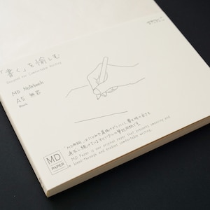 Puede incluir: Una libreta blanca con el texto "'書く'を愉しむ Designed for Comfortable Writing" y "MD Notebook A5 無罫 Blank" impreso en la portada. La contraportada tiene el texto "'MD用紙'はにじみや裏抜けがしにくく、書き味の良さを追求し続けているオリジナルの筆記用紙です。 MD Paper is our original paper that prevents smearing and bleed-through and enables comfortable writing."