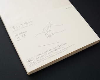 Op de afbeelding: Een wit notitieboek met de tekst "'書く'を愉しむ Designed for Comfortable Writing" en "MD Notebook A5 無罫 Blank" gedrukt op de voorzijde. De achterzijde heeft de tekst "'MD用紙'はにじみや裏抜けがしにくく、書き味の良さを追求し続けているオリジナルの筆記用紙です。 MD Paper is our original paper that prevents smearing and bleed-through and enables comfortable writing."