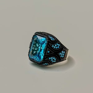 Blue Rustic Handmade Afghan Ring | Gemstone | 925 Silver | Perfect Gift - Vintage Style Men&#39;s Jewelry | Size 10 - Antique Style Ring