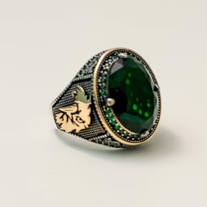 Green Rustic Eagle Afghan Ring | Gemstone | 925 Silver | Perfect Gift - Vintage Style Men&#39;s Jewelry | Size 11.5 - Antique Style Ring