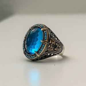 Blue Rustic Handmade Afghan Ring | Gemstone | 925 Silver | Perfect Gift - Vintage Style Men&#39;s Jewelry | Size 10 - Antique Style Ring