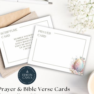 May include: Two printable cards, one with a scripture verse and the other blank for writing a prayer. The cards feature a watercolour illustration of a pastel Easter egg with flowers and greenery. The text on the scripture card reads "Humble yourself therefore, under God's mighty hand, that he may lift you up in due time. 1 Peter 5:6". The text on the prayer card reads "Prayer Card". The cards have a white background and black borders. The text "Download Instant Edit in Canva Download Instant" is in a circle with a blue background and a white arrow pointing down.