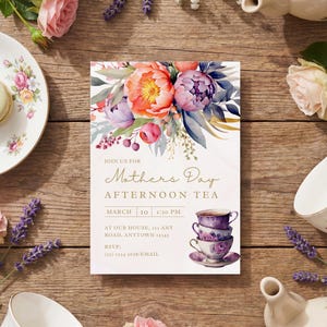 Moederdag Afternoon Tea-uitnodiging | High Tea-uitnodiging | Evenementflyer | DIY-uitnodiging | Uitnodigingssjabloon: 5 x 7 inch, elegante, levendige bloemen | 161