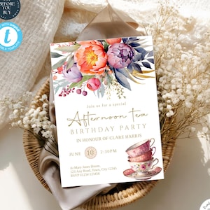Tea Party Birthday Invitation | Afternoon Tea Invite | Editable Template Templett | High Tea | Printable Download | 161 image 1