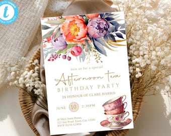 Tea Party Birthday Invitation | Afternoon Tea Invite | Editable Template Templett | High Tea | Printable Download | 161