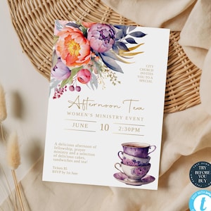 Kirche Teeparty Ereignis einladen | Bearbeitbarer Damen Tee Party Flyer | Teeparty-Einladung für Frauen | 161